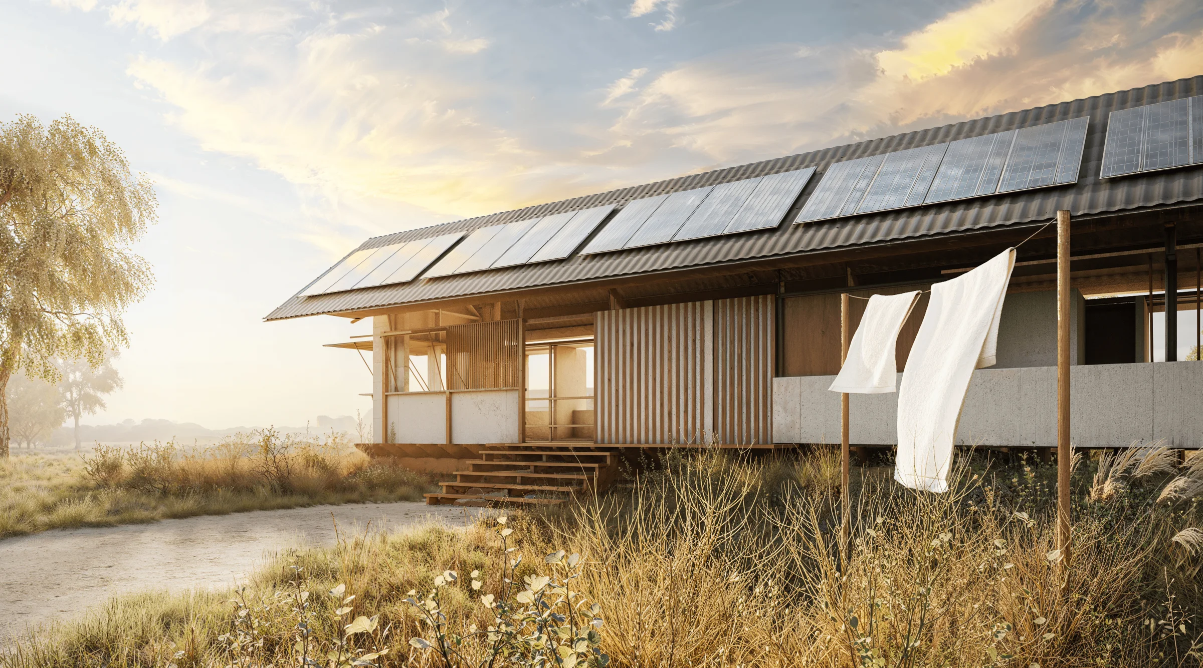 LÄNG House in dry grassland at sunrise, solar panels along the roof.