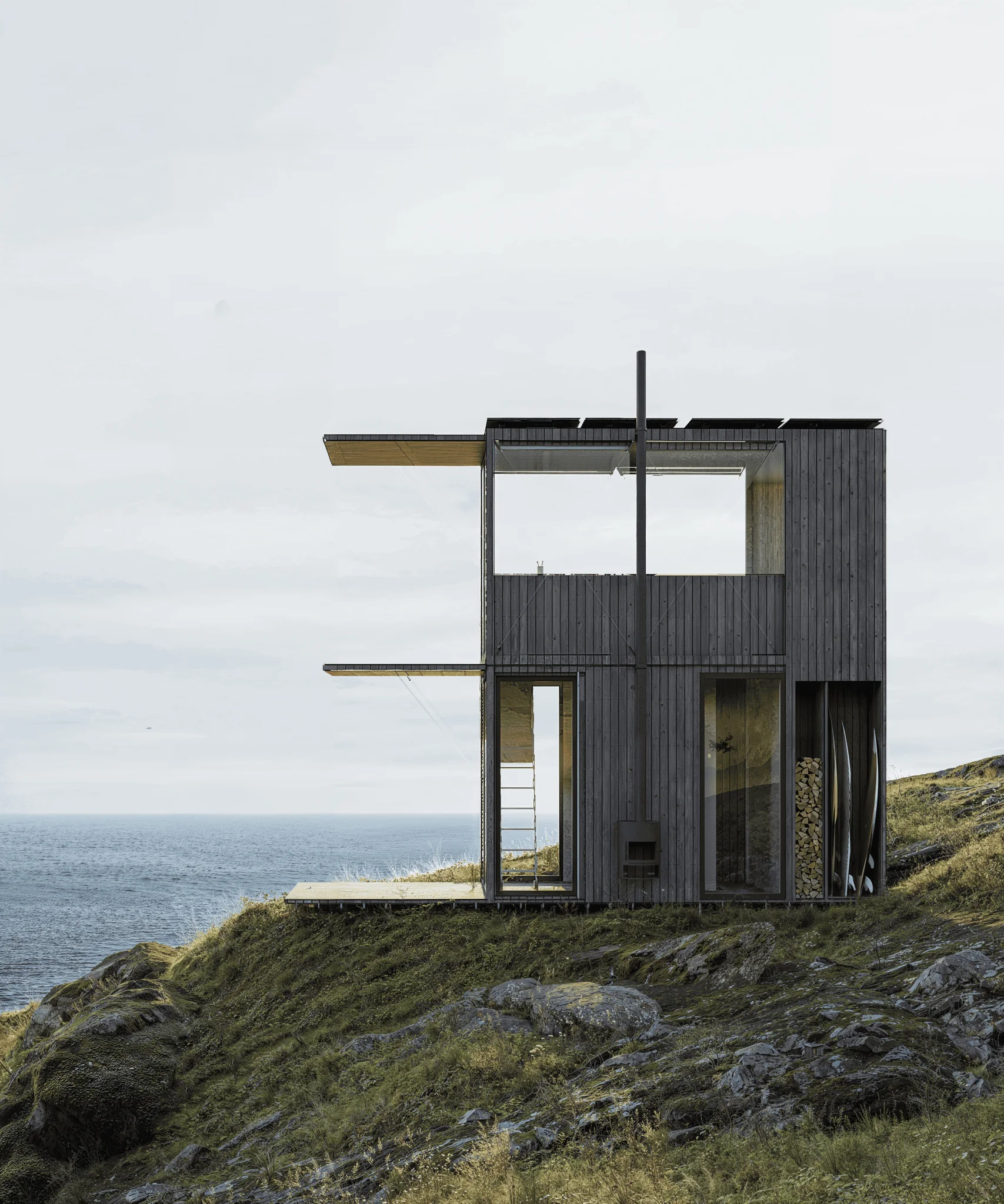 Air Nest, a two-storey timber tower on a clifftop above the sea.