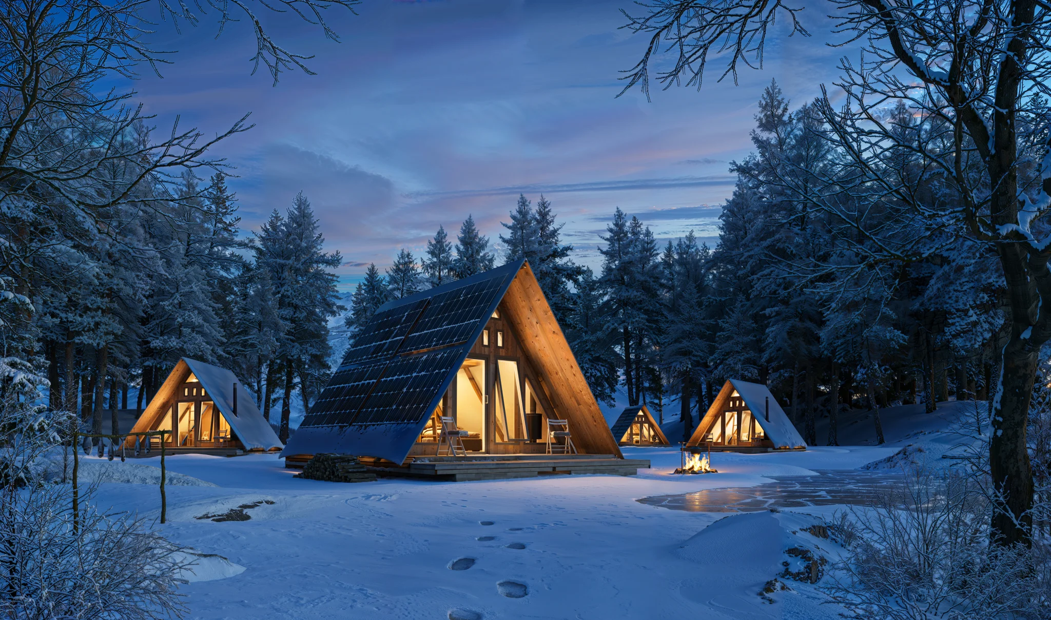 A cluster of TRAIL-FORM units lit from inside among snowy pines.